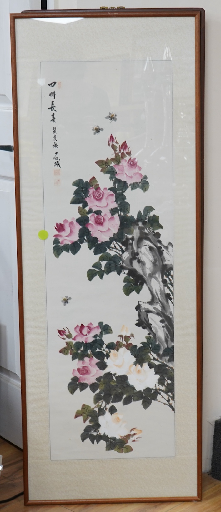 A pair of Chinese floral painted panels, signed with character marks and red seal marks, framed, 92 x 31cm